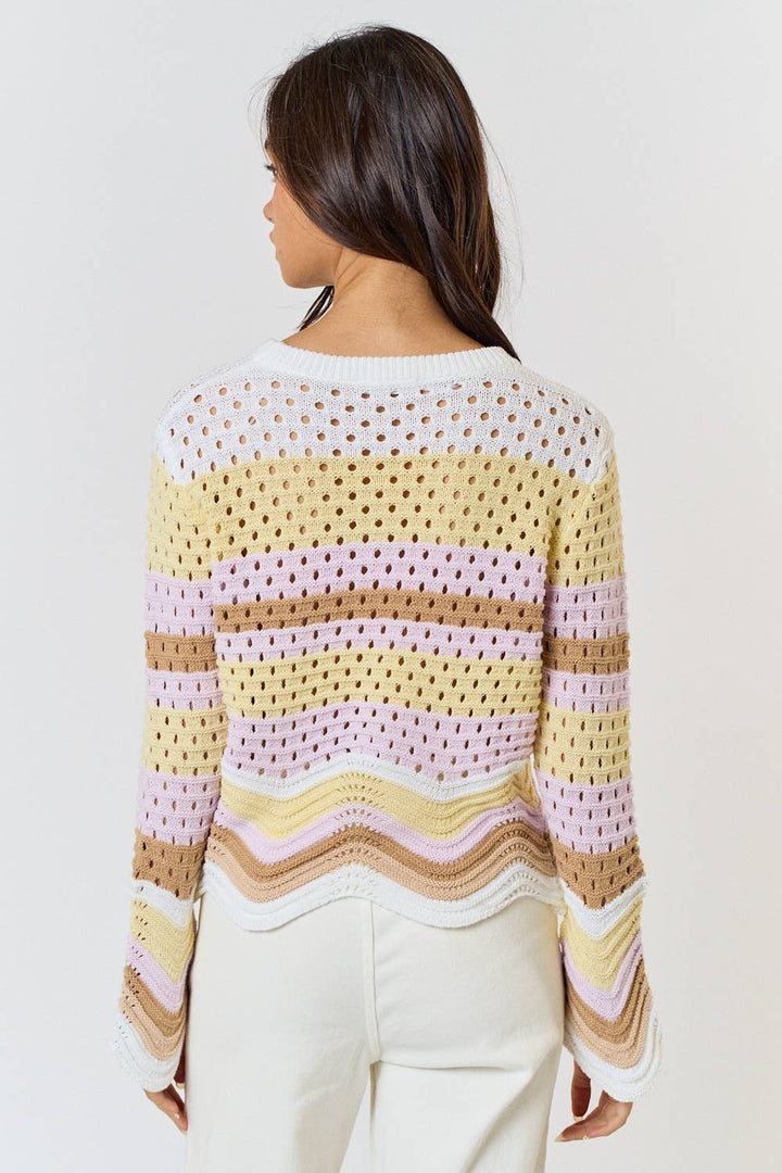 ILT3322 MULTI COLOR SWEATER TOP WITH SCALLOP HEM DETAIL: SKY-KIWI / M