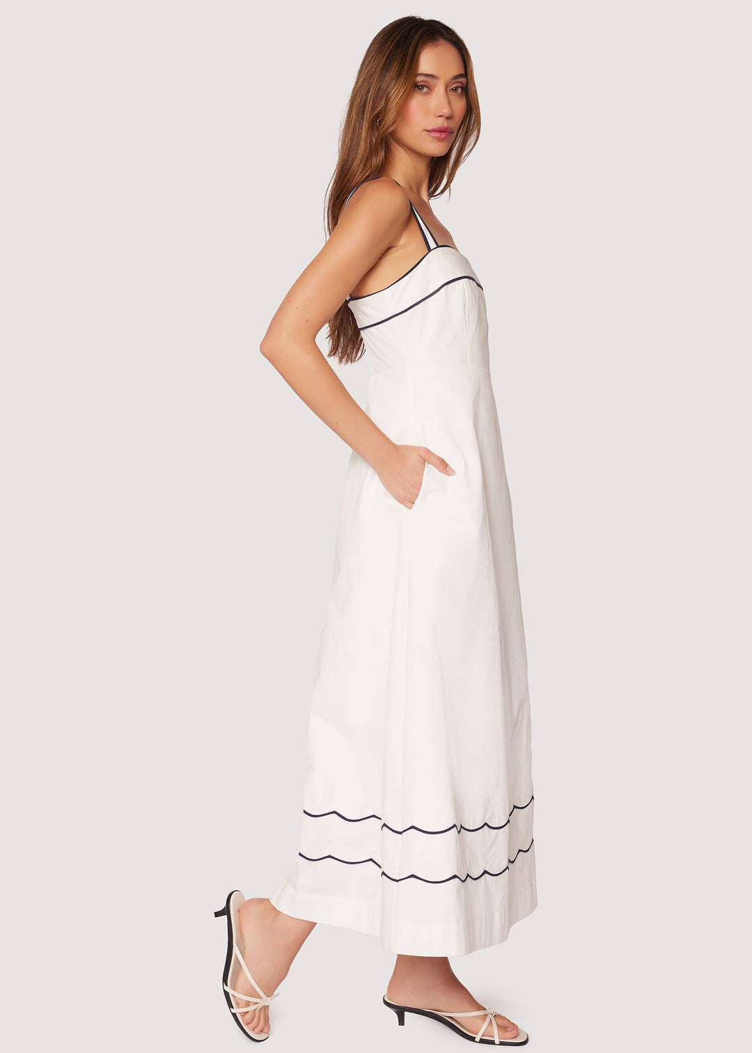 Hamptons Haze Maxi Dress - Spring Solid Shift Square Neck: OFF-WHITE-NAVY / XS