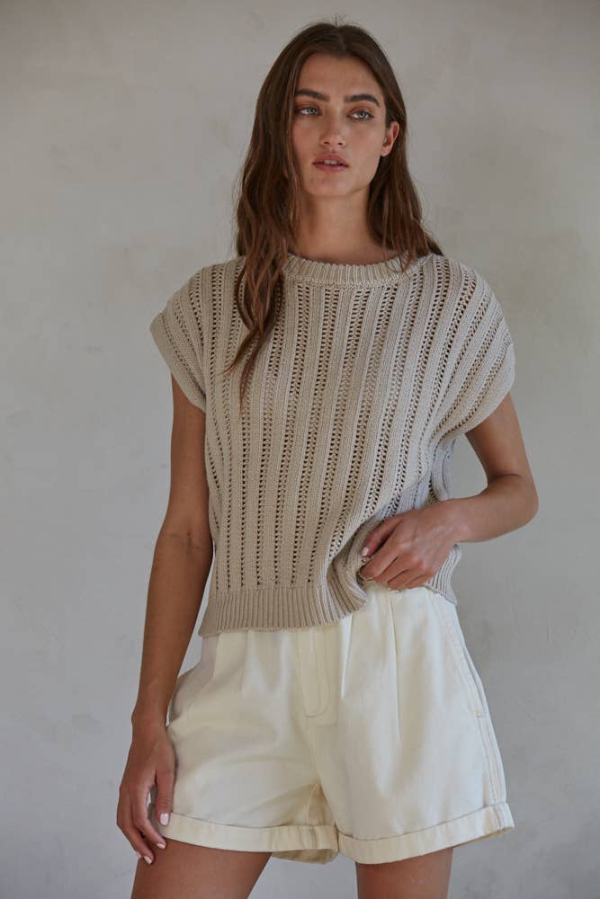 W1503 | Knit Sweater Round Neck Short Sleeve Top: Taupe Grey / M