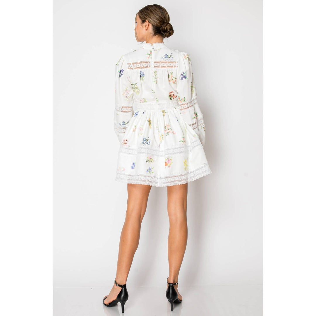 Long Sleeve Froral Print Lace Trim Mini Dress: WHITE / L