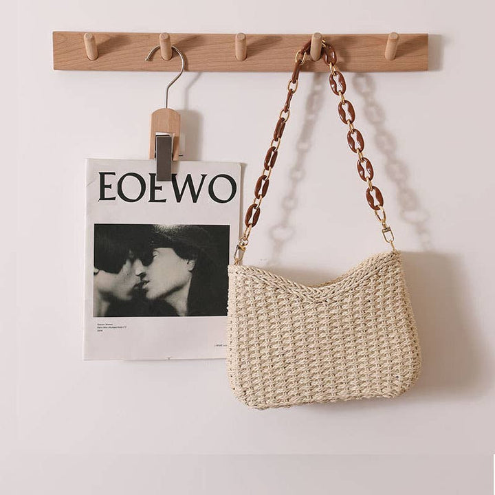 Solid Color Straw Bag Shoulder Beach Bag for Vacation: Khaki