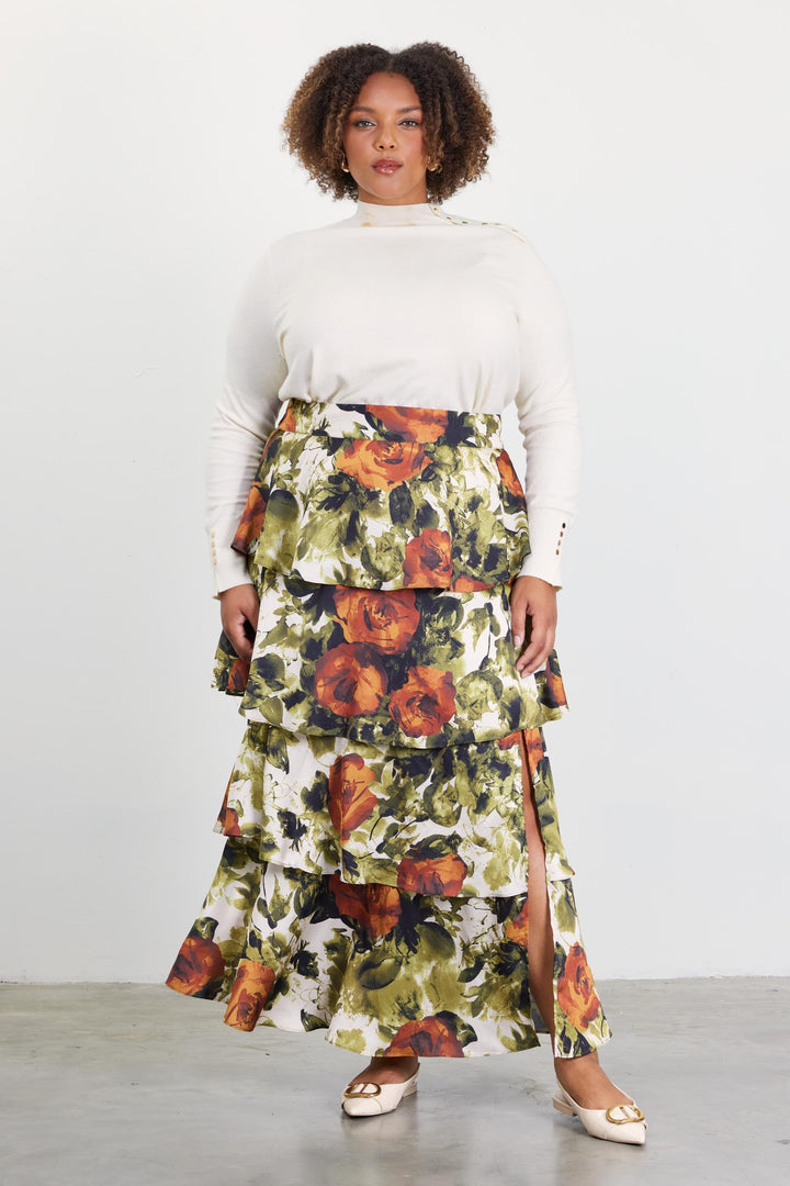 ABSTRACT ROSE TIERED MAXI SKIRT