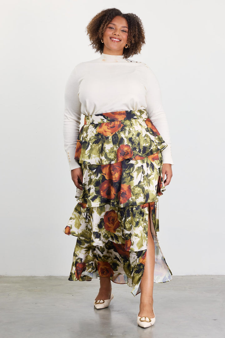 ABSTRACT ROSE TIERED MAXI SKIRT