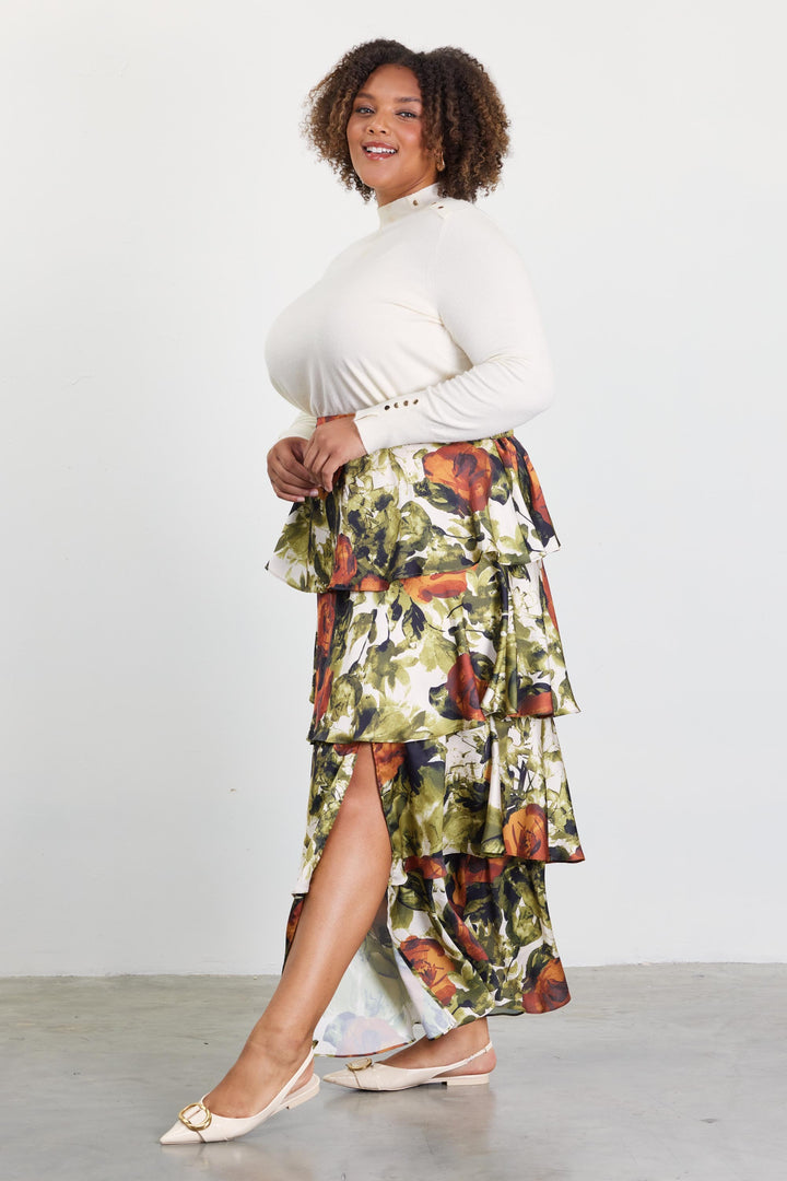 ABSTRACT ROSE TIERED MAXI SKIRT