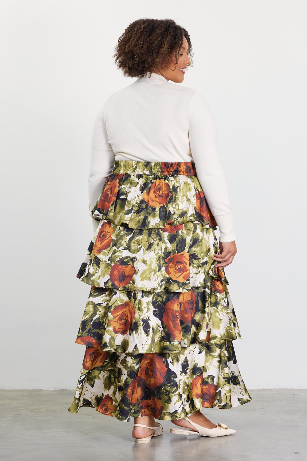 ABSTRACT ROSE TIERED MAXI SKIRT