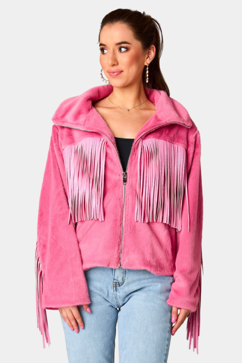 Skylar Fringe Faux Fur Jacket - Hot Pink