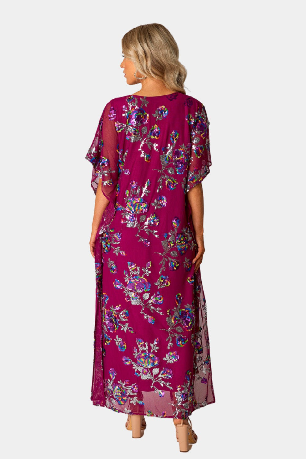 Atlas Sequin Caftan Maxi Dress - Red Sangria