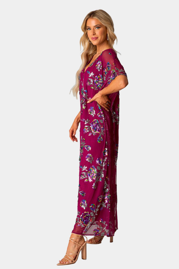 Atlas Sequin Caftan Maxi Dress - Red Sangria