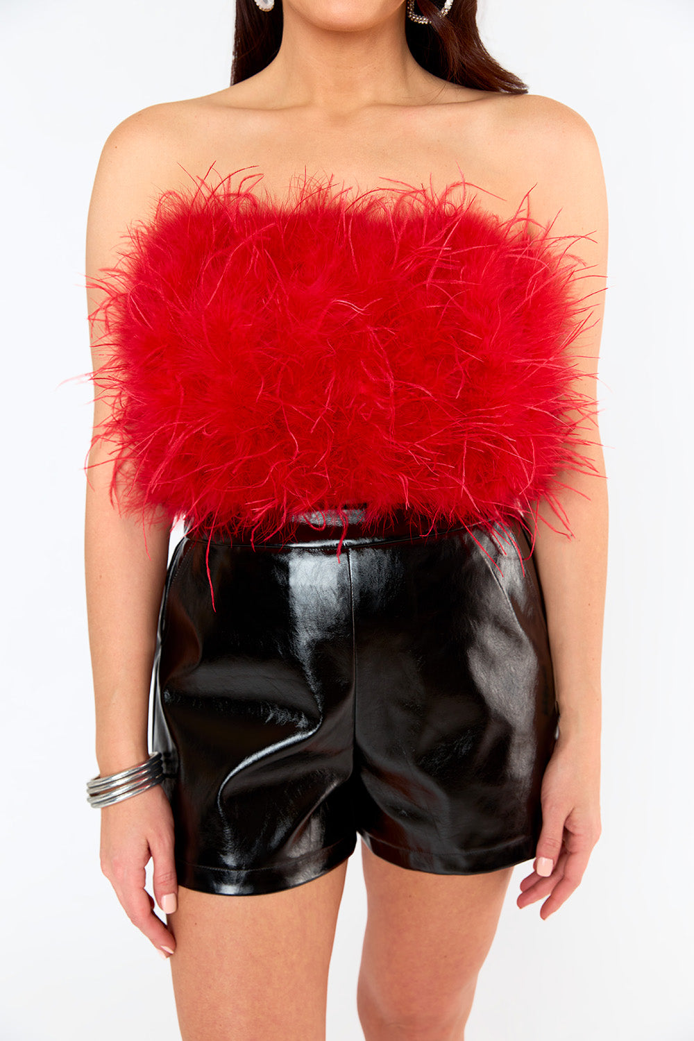 Fancy Strapless Feather Crop Top - Crimson