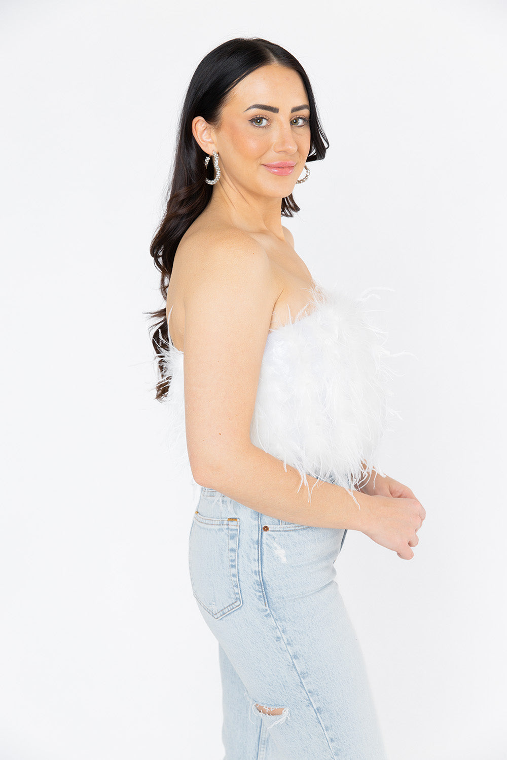 Fancy Strapless Feather Crop Top - White