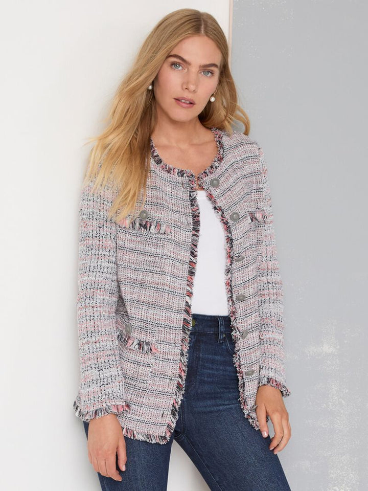 FEMME PLAID FRINGE MIX KNIT JACKET