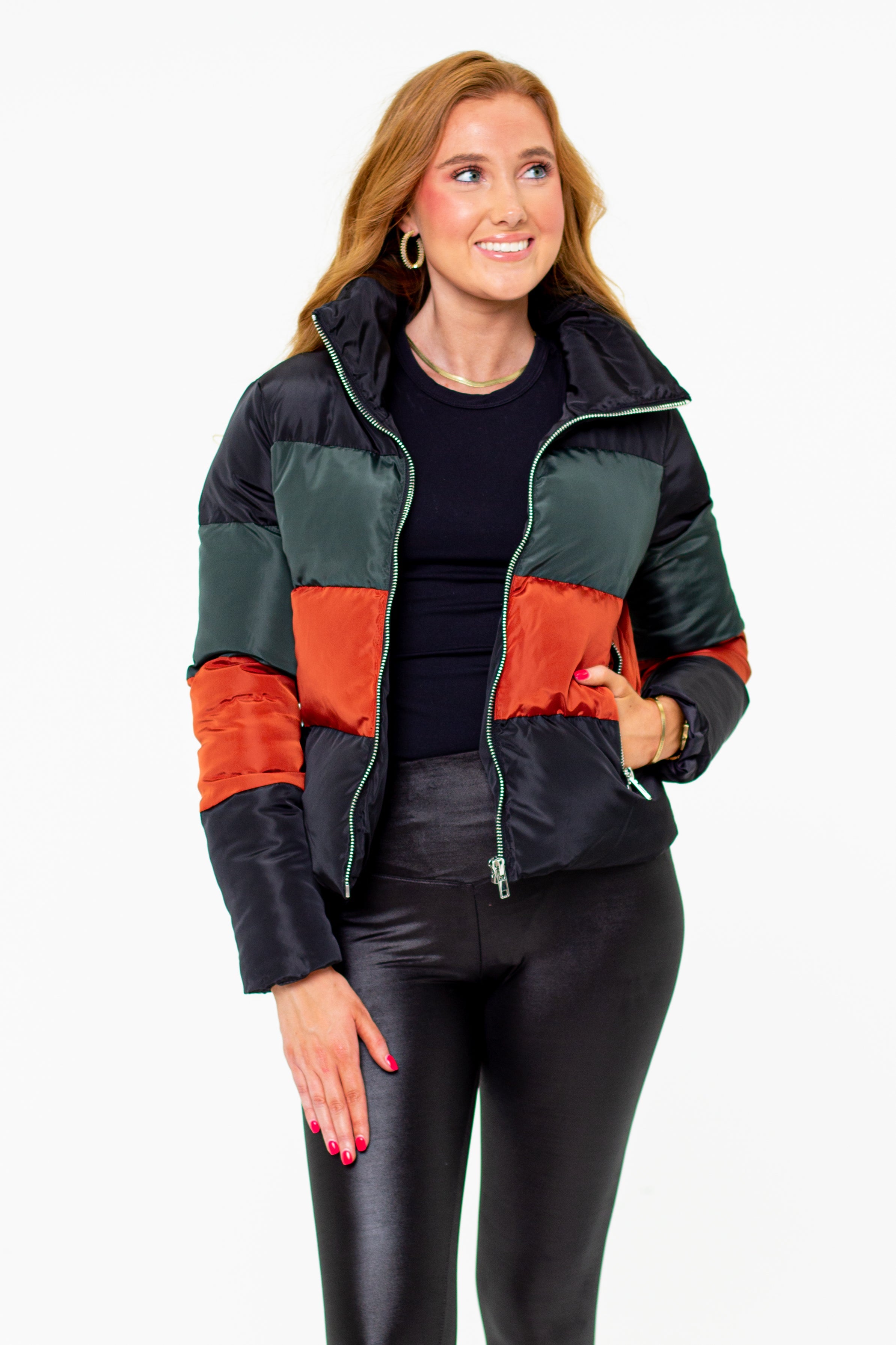Addison Striped Puffer Jacket Woodland Copper Penny