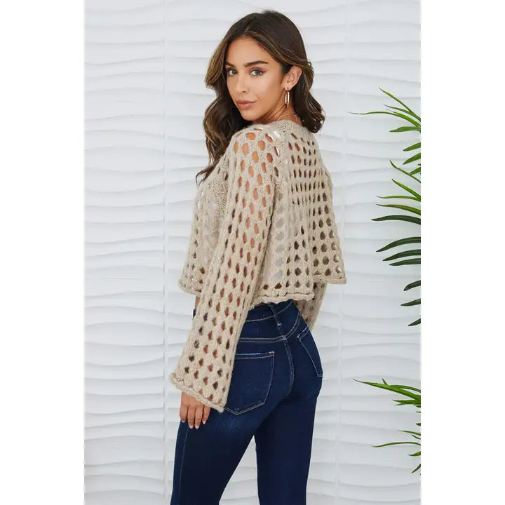 CROP OPEN KNIT FUZZY SWEATER