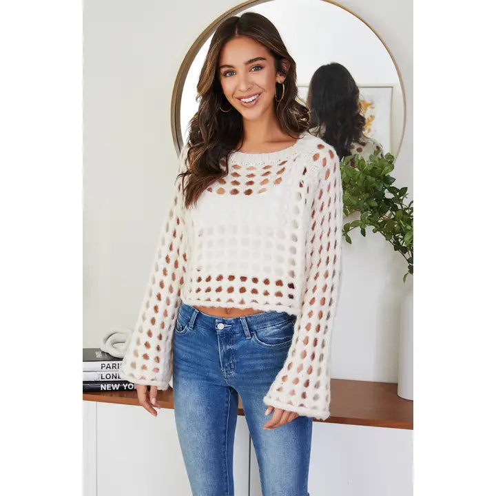 CROP OPEN KNIT FUZZY SWEATER