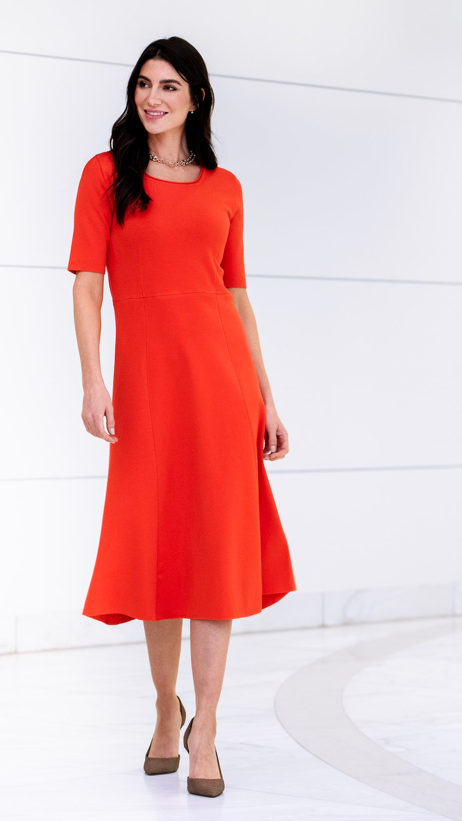 Nora Milano Knit Short Sleeved Fit-And-Flare Midi Dress; Bright Orange