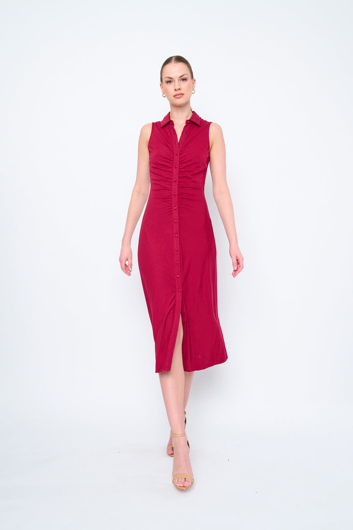 SLEEVELESS RUCHED MIDI DRESS