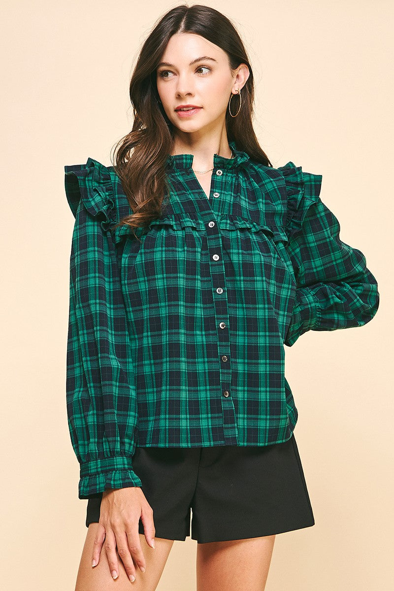 RUFFLED PLAID BLOUSE