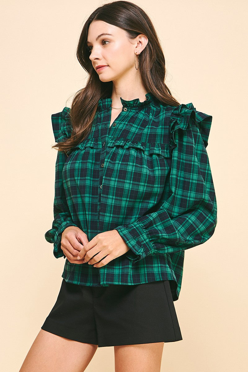 RUFFLED PLAID BLOUSE