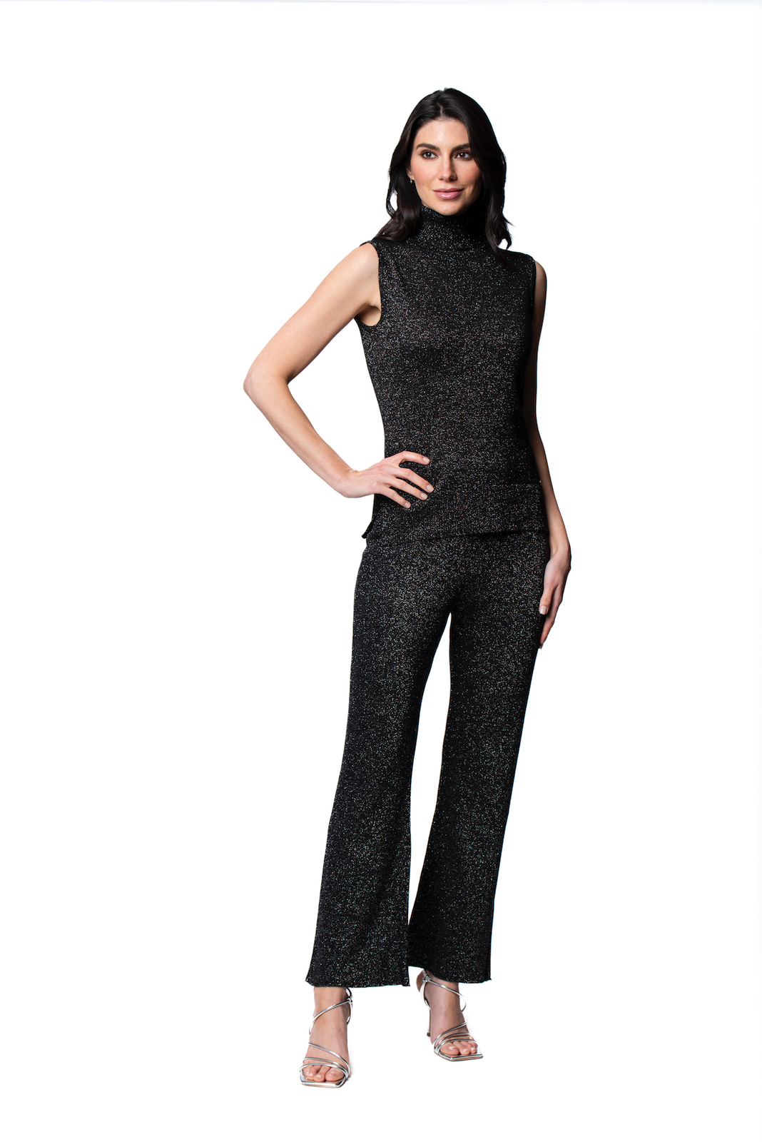 Riley Shimmer Sleeveless Turtleneck Top; Black Shimmer