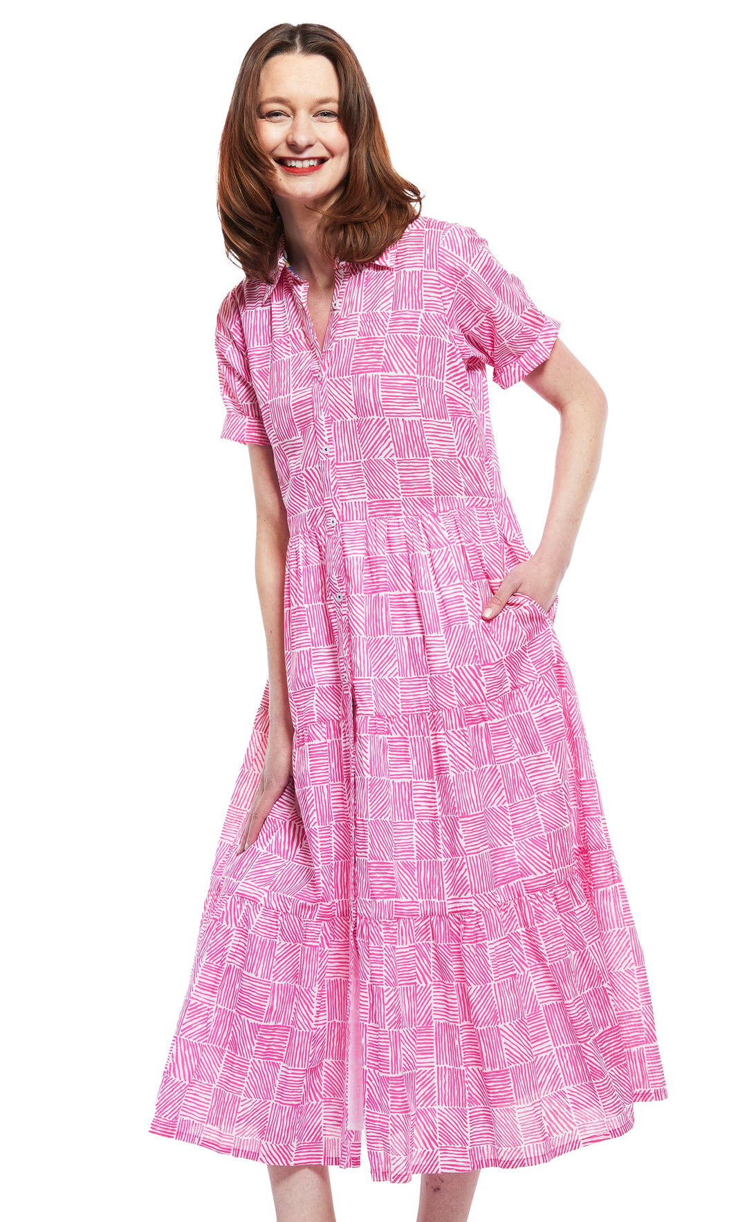 Palm Desert Dress in Fuschia And White Criss Cross Pattern