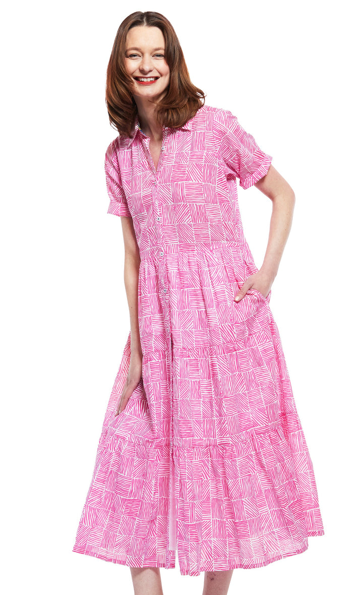 Palm Desert Dress in Fuschia And White Criss Cross Pattern