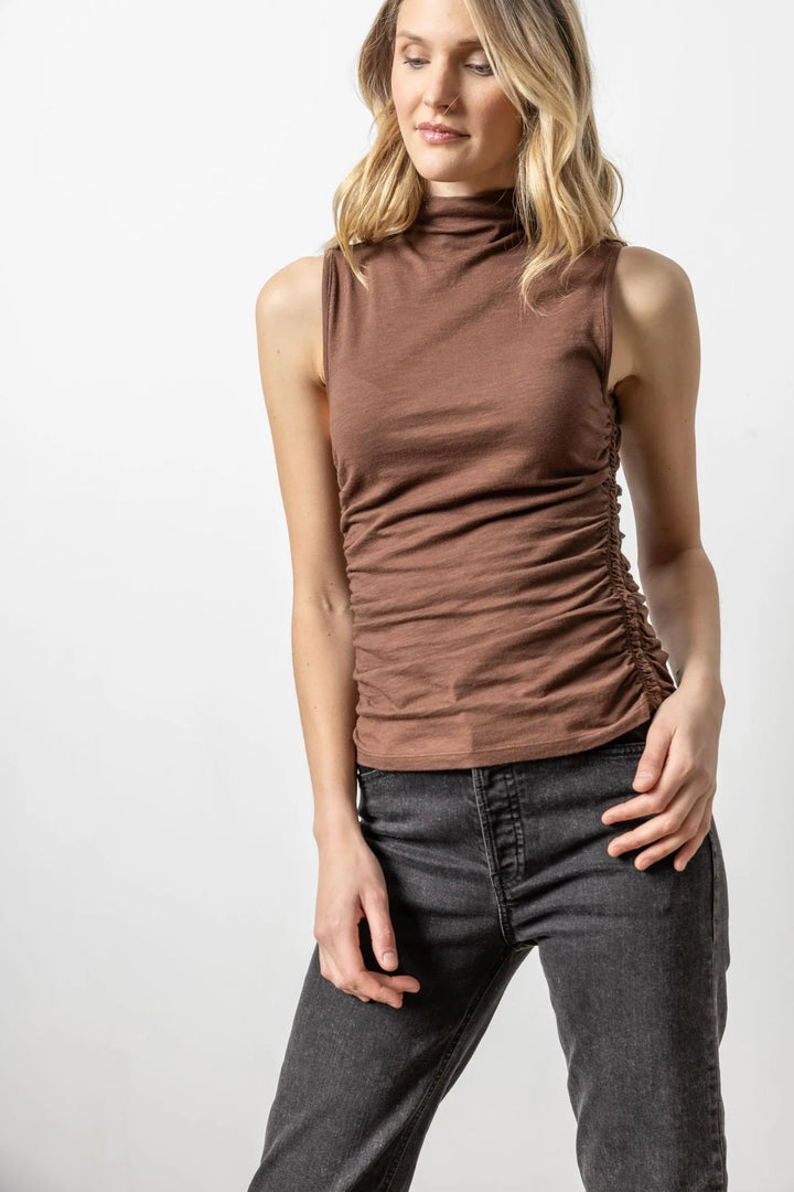 SHIRRED MOCK NECK TOP