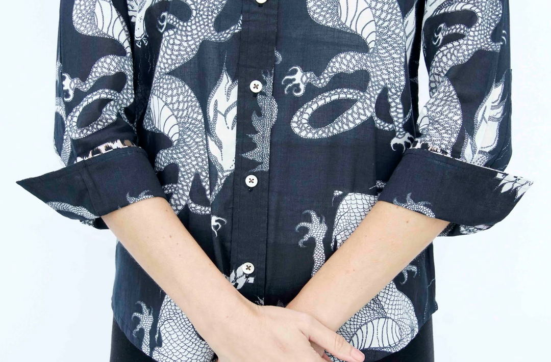 3/4 Sleeve Rome Shirt Black and White Dragons On Voile