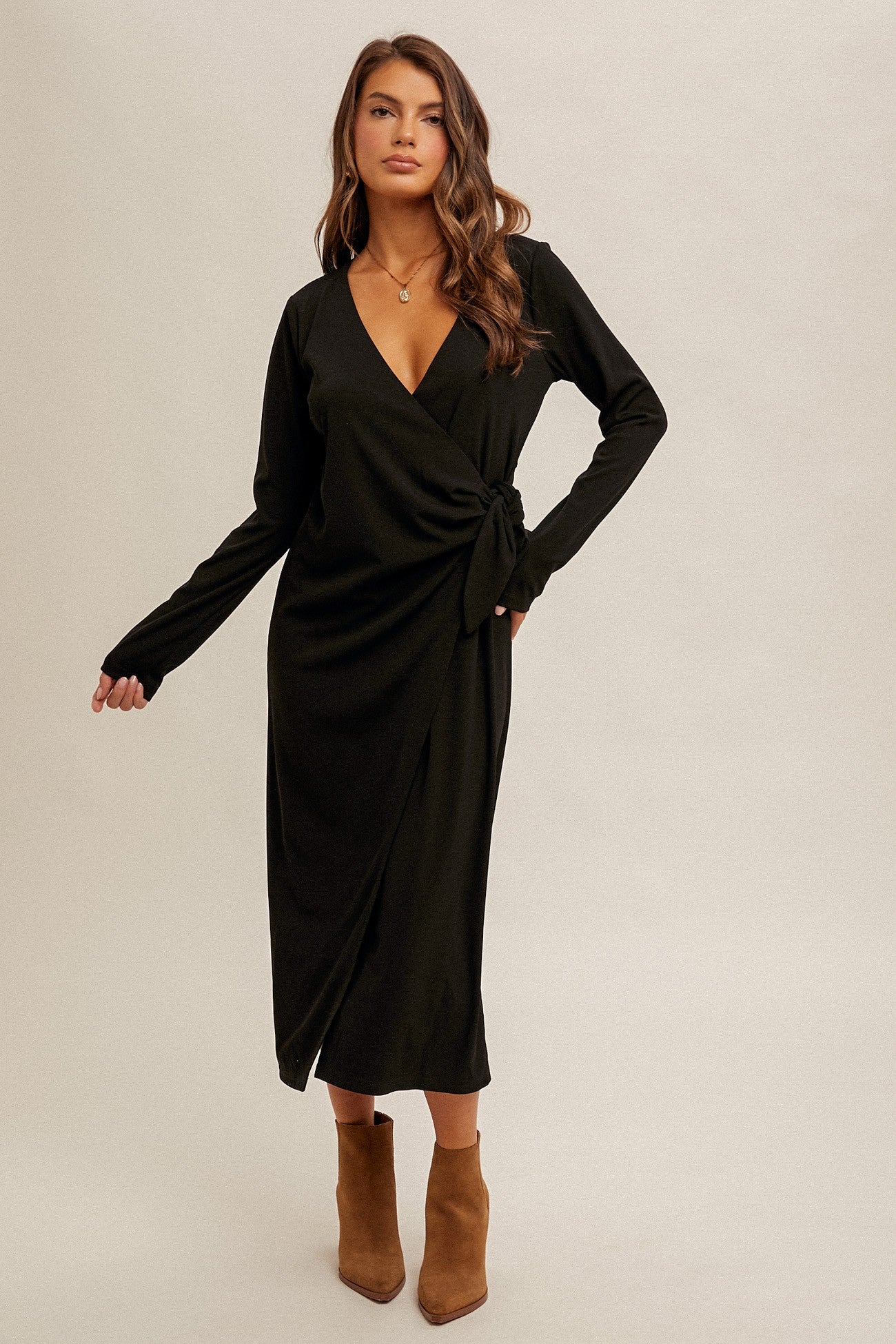 Hem Thread Tie Waist V Neck Rib Midi Dress Black L