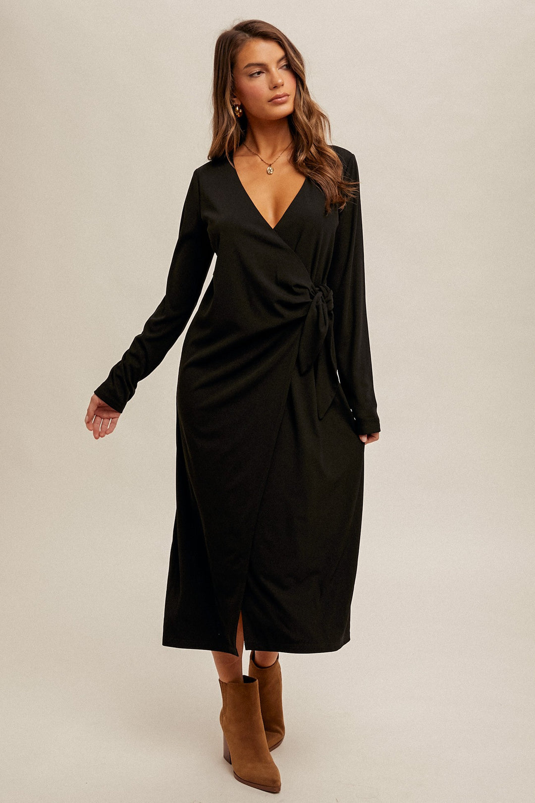 TIE WAIST V-NECK RIB MIDI DRESS