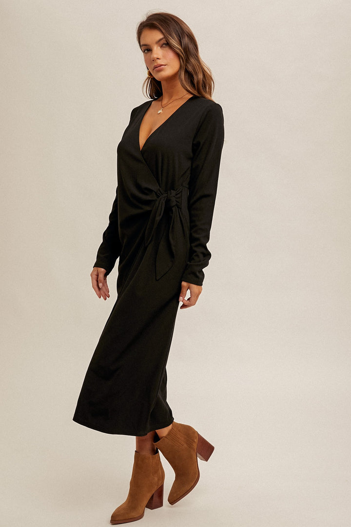 TIE WAIST V-NECK RIB MIDI DRESS