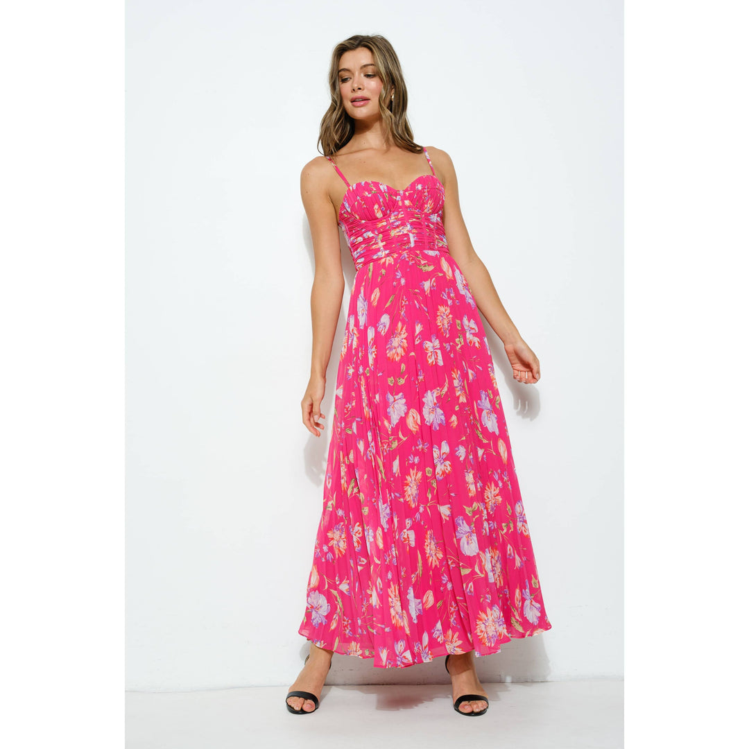 Sleeveless Floral Print  Bustie Pleated Maxi Dress: HOTPINK MULTI / L