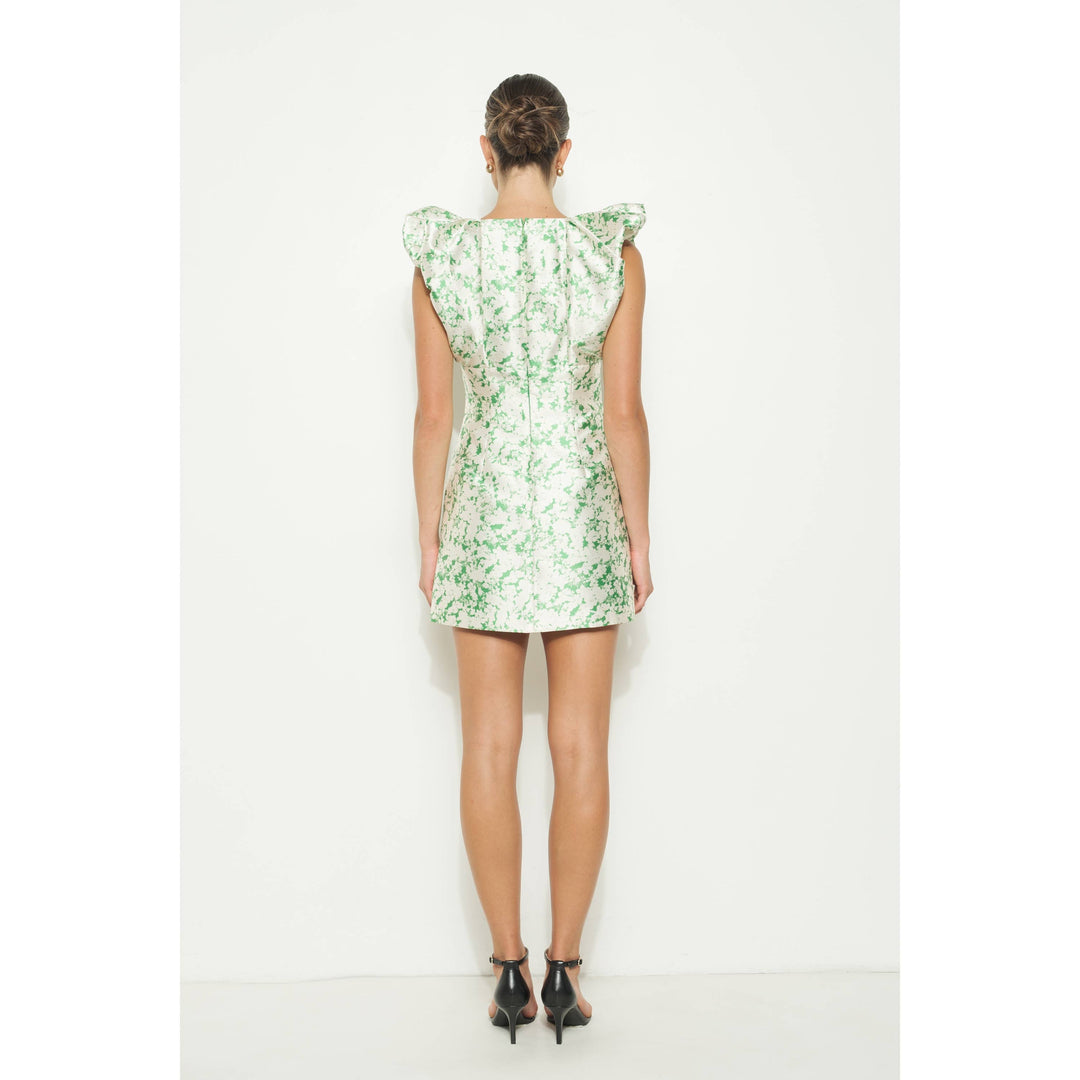 Satin Floral Print detail  Mini Dress: GREEN / S