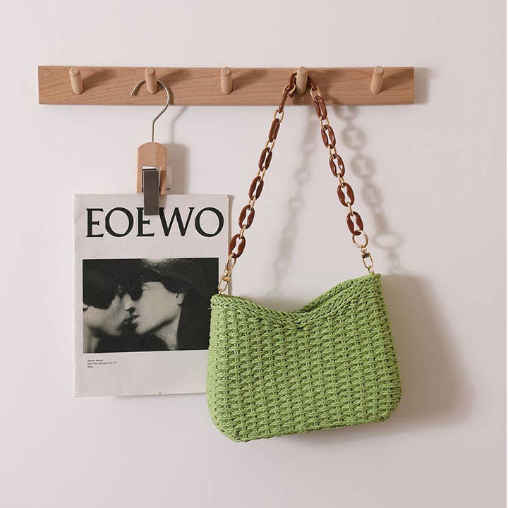 Solid Color Straw Bag Shoulder Beach Bag for Vacation: Khaki