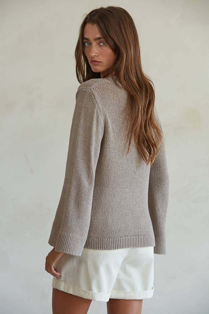 W1464 | Knit Cotton Crew Neck Long Sleeve Sweater Top: Mocha / L