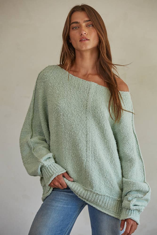 W1768 | Knit Sweater Cotton Nylon Boat Neck Pullover: Dusty Mint / L