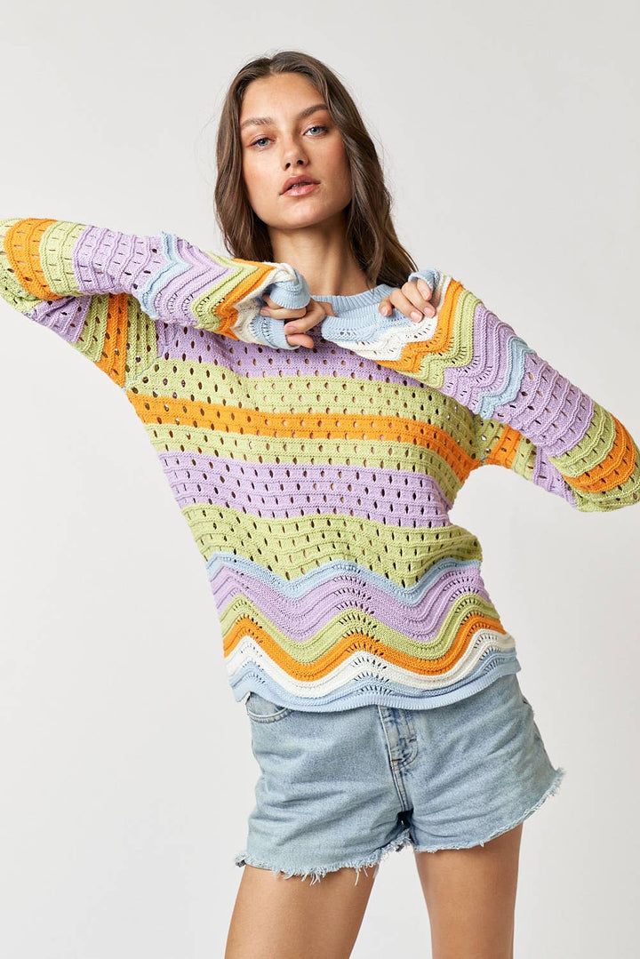 ILT3322 MULTI COLOR SWEATER TOP WITH SCALLOP HEM DETAIL: SKY-KIWI / M