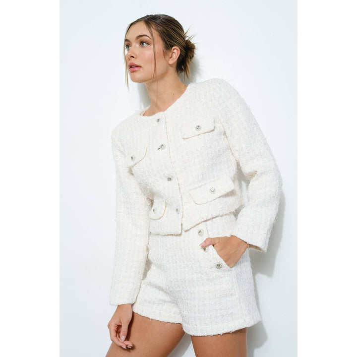 Textured Tweed Jeweled Button Crop Jacket: PINK / L