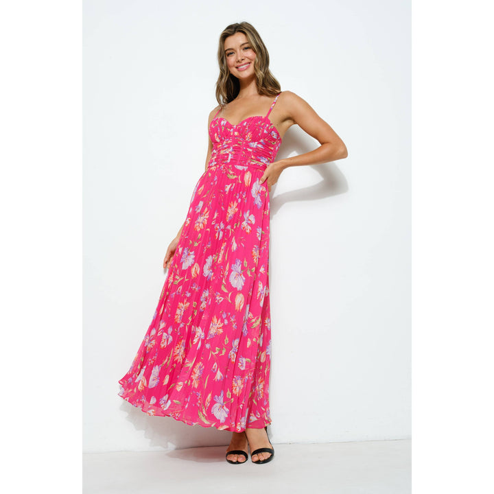 Sleeveless Floral Print  Bustie Pleated Maxi Dress: HOTPINK MULTI / L