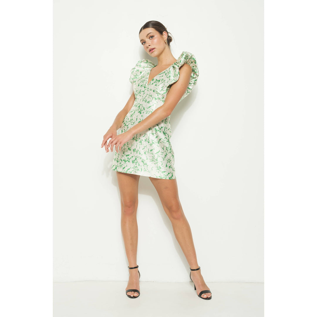 Satin Floral Print detail  Mini Dress: GREEN / M