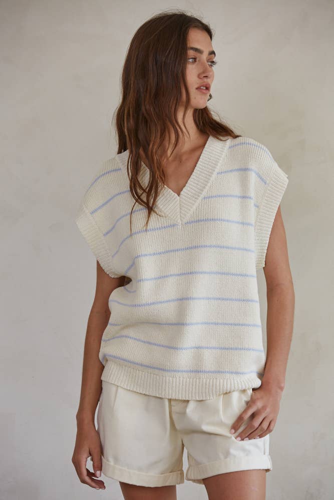 W1500 | Knit Sweater Striped V-Neck Sleeveless Vest Top: Ivory Pink / M