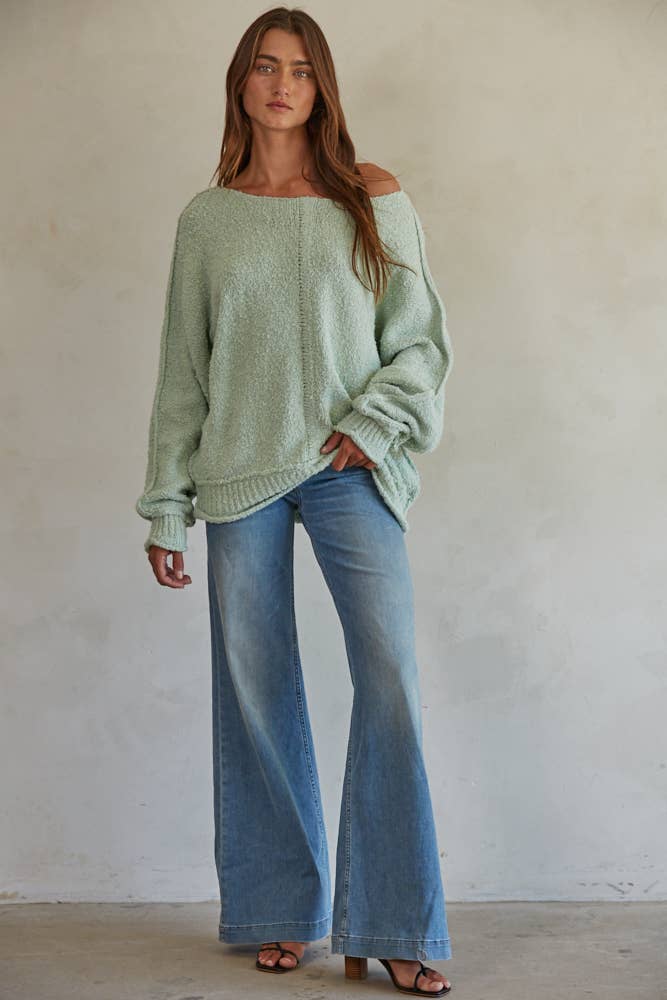 W1768 | Knit Sweater Cotton Nylon Boat Neck Pullover: Dusty Mint / M