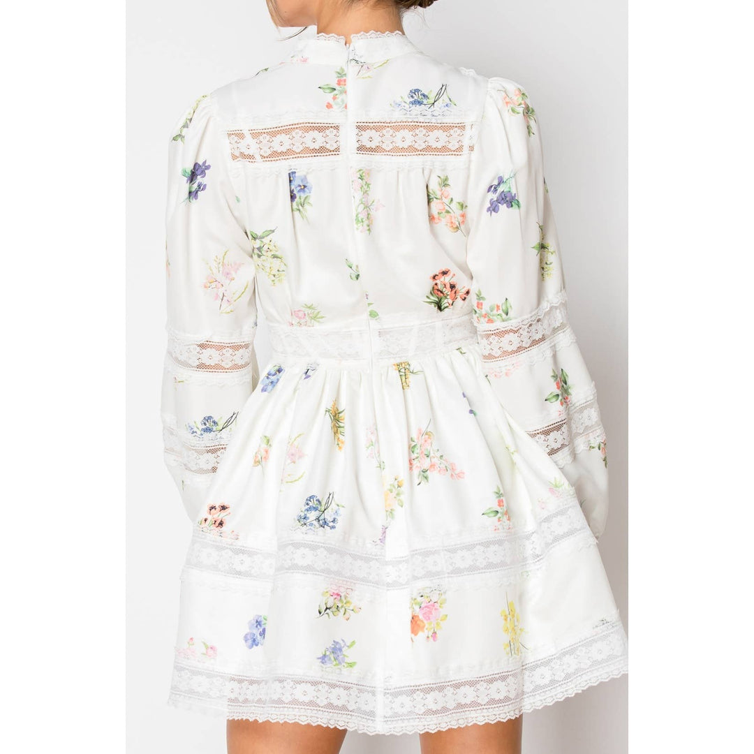 Long Sleeve Froral Print Lace Trim Mini Dress: WHITE / M