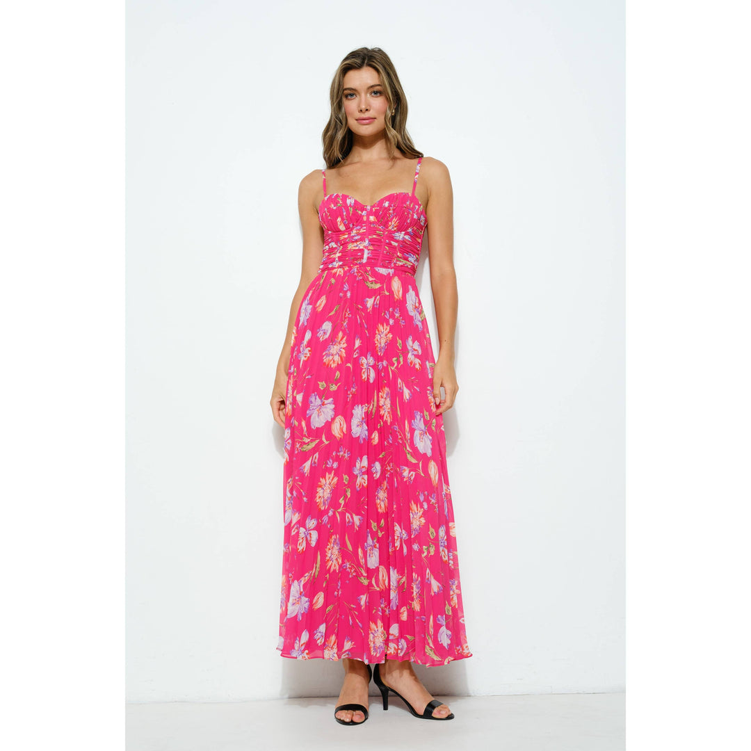 Sleeveless Floral Print  Bustie Pleated Maxi Dress: HOTPINK MULTI / L