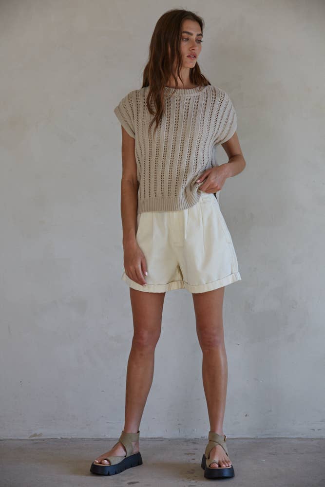 W1503 | Knit Sweater Round Neck Short Sleeve Top: Taupe Grey / M