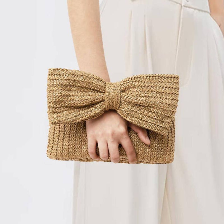 Bow straw handbag small bag clutch bag women's handbag: Brown