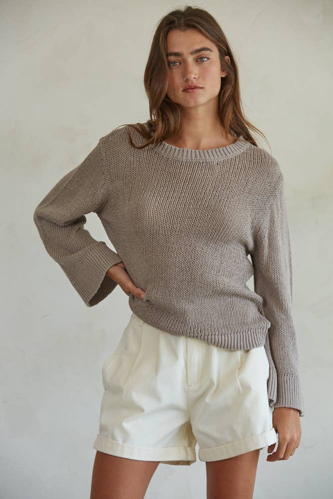 W1464 | Knit Cotton Crew Neck Long Sleeve Sweater Top: Mocha / L