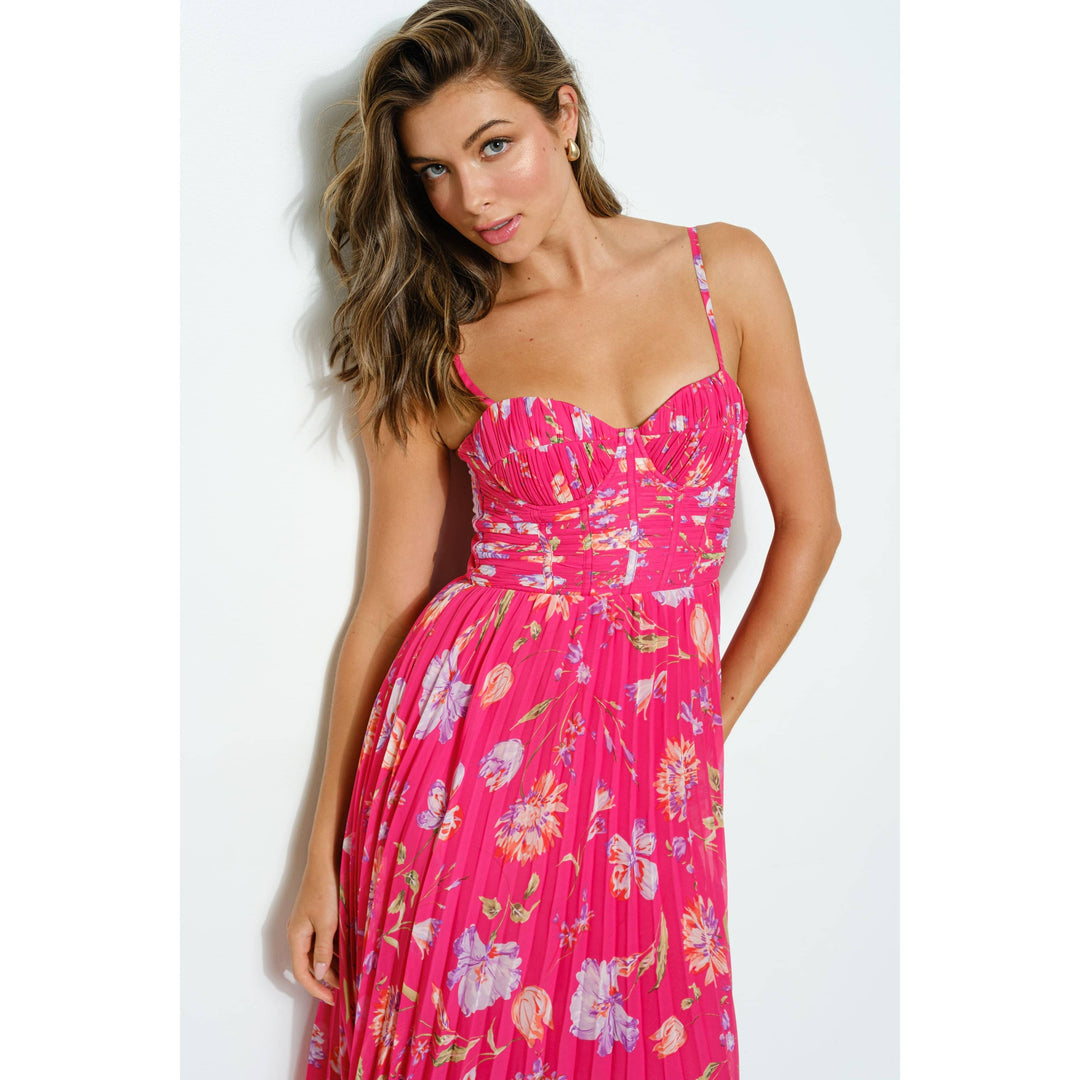 Sleeveless Floral Print  Bustie Pleated Maxi Dress: HOTPINK MULTI / L