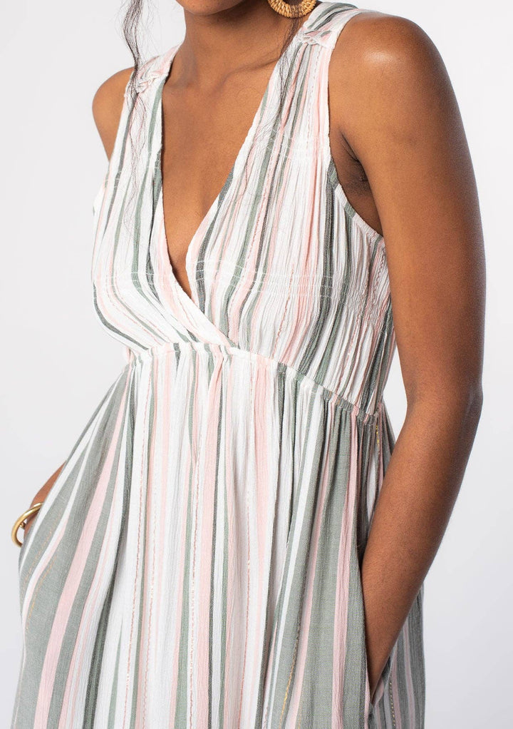 STRIPED SLEEVELESS V-NECK DRESS