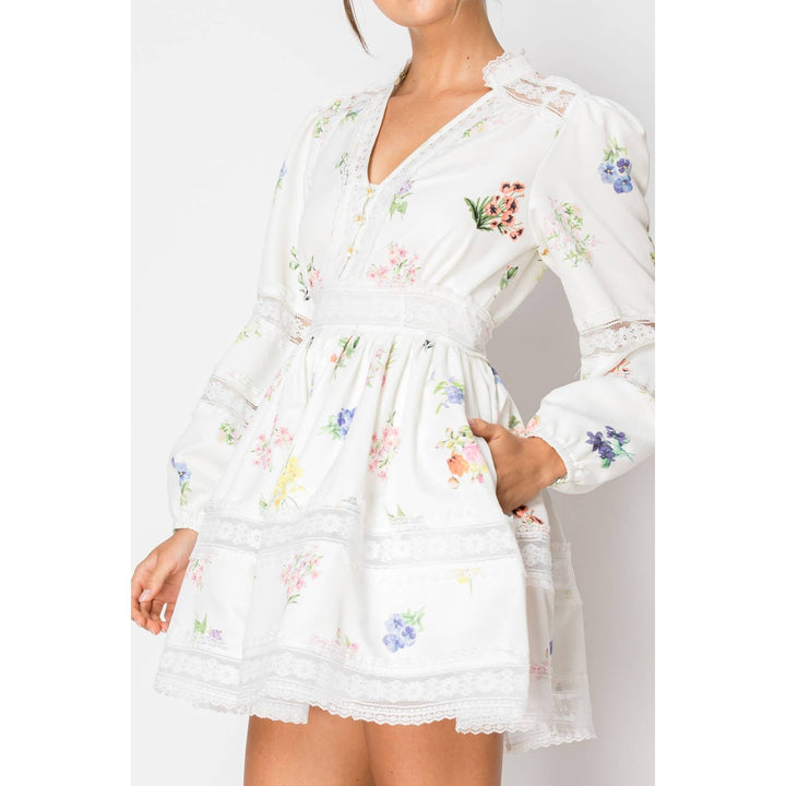 Long Sleeve Froral Print Lace Trim Mini Dress: WHITE / M