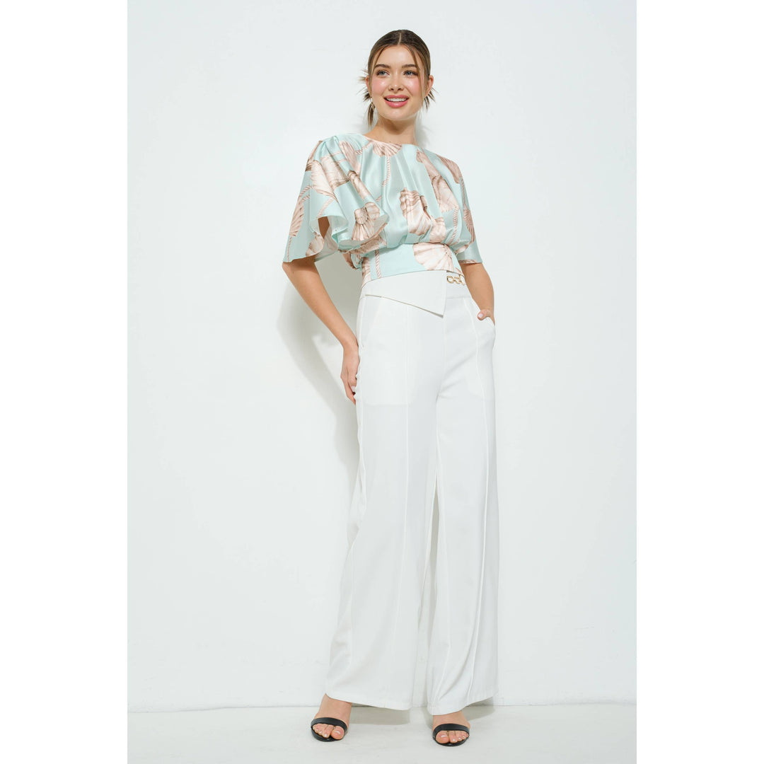 Satin Shell Print Top with Flutter Kimono Sleeves: LIGHT MINT / L